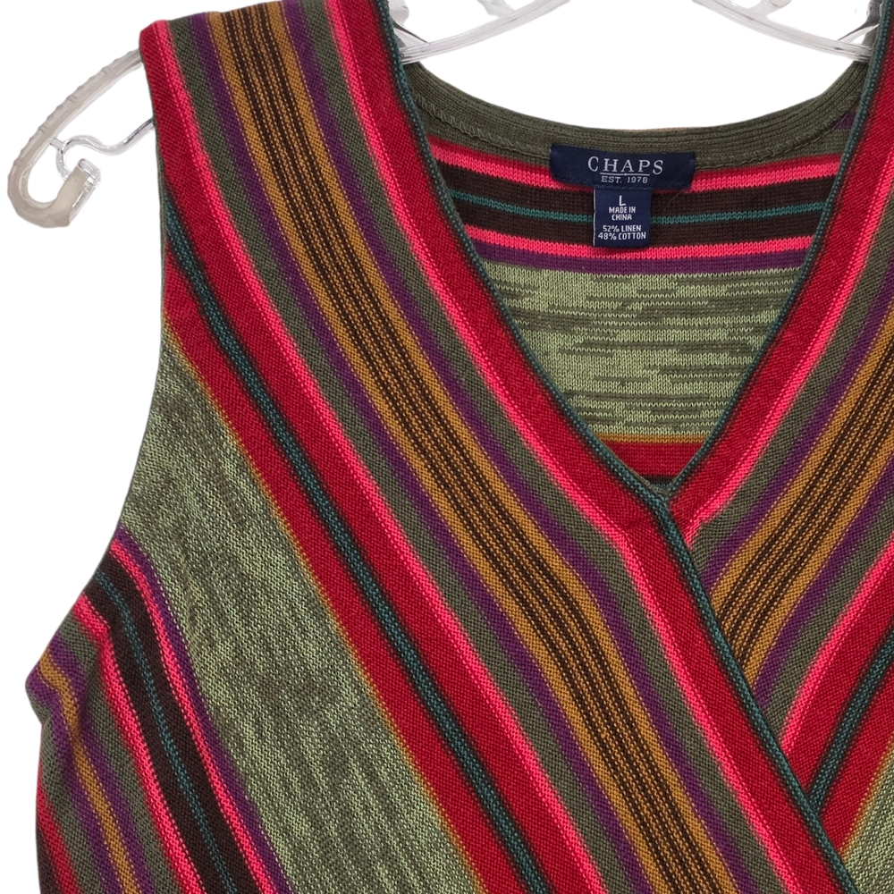 Chaps Colorful Striped Linen/Cotton Knit Wrap-Front Sleeveless Sweater Size L - Picture 3 of 13